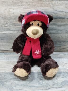 Hugfun St. Jude Teddy Bear Dark Brown Plaid Hat Scarf Stuffed Animal
